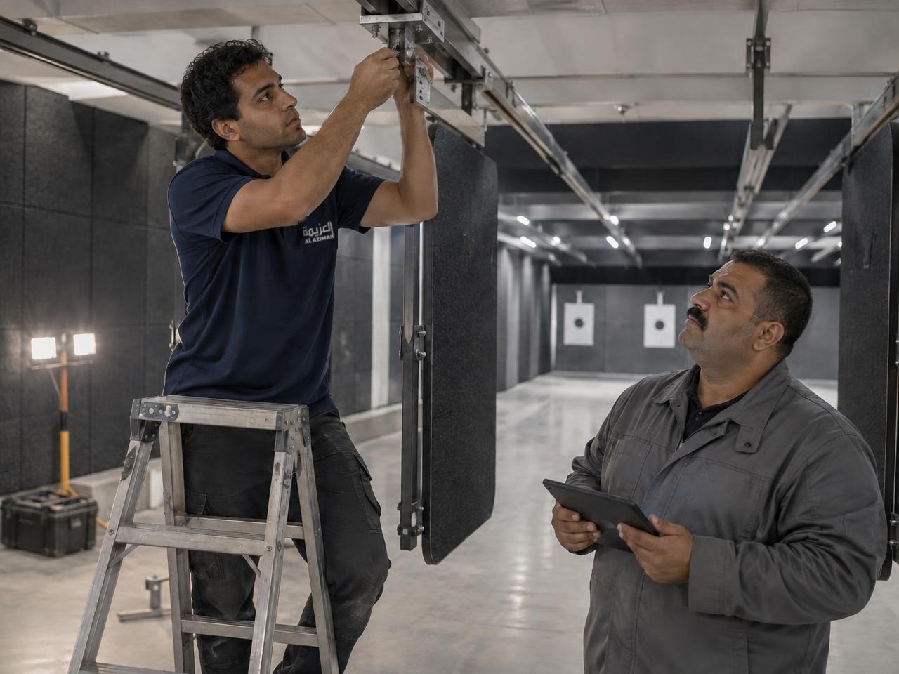 فنيون ميدانيون يركّبون معدات ميدان الرماية